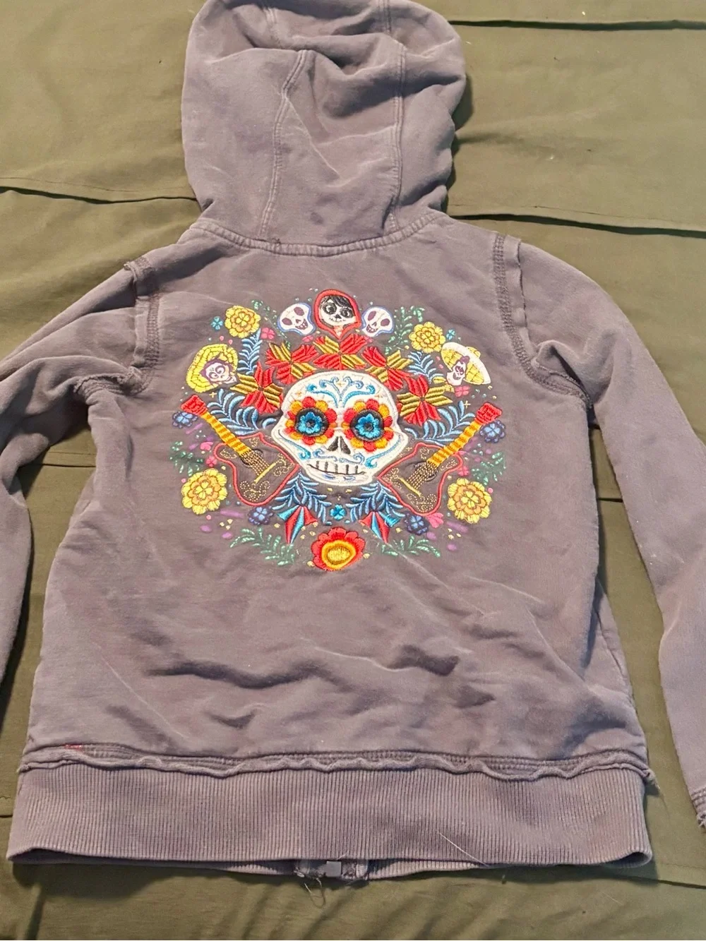 Disney Coco Gray Girls' Hooded Zip Sweatshirt with Colorful Embroidery
